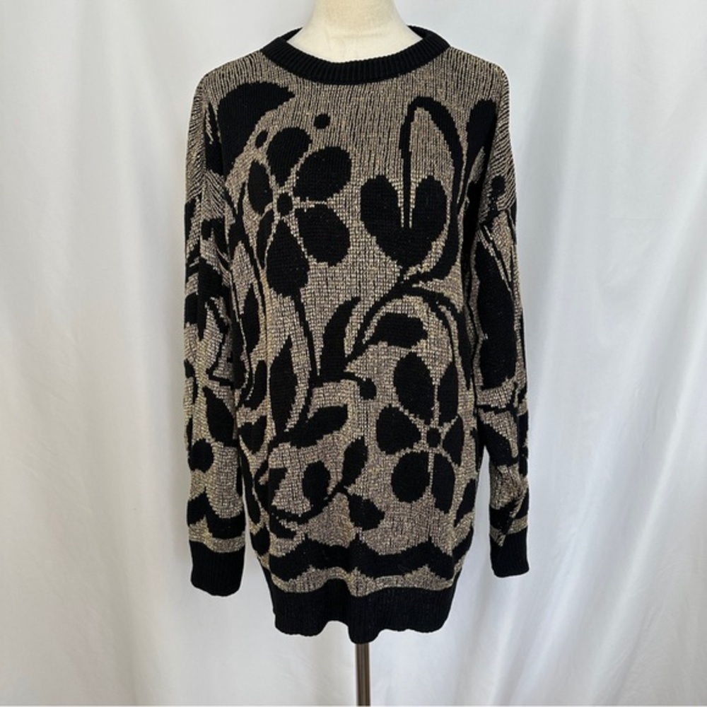 Vintage 90’s A Jane Adams Sweater Womens XL Floral Pattern Crewneck Black‎ Tan